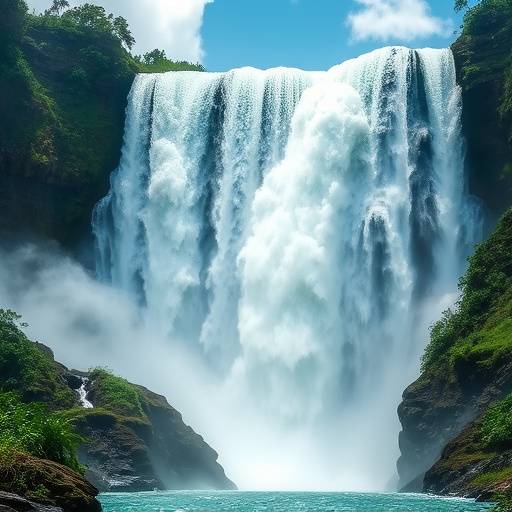 Fotografia de uma cachoeira majestosa, com águas caudalosas e vegetaäão exuberante, mostrando a foräa e a beleza da natureza