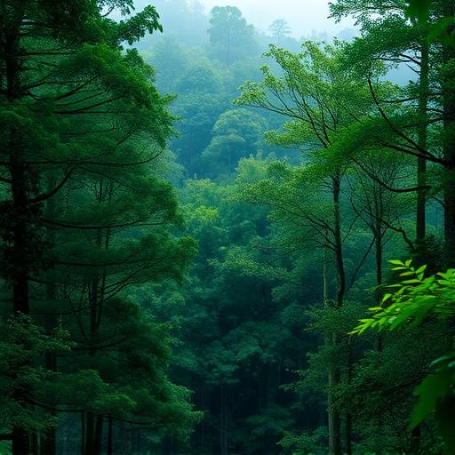 Fotografia de uma floresta densa e exuberante, com árvores altas e vegetaäão abundante, capturando a tranquilidade e a beleza da natureza
