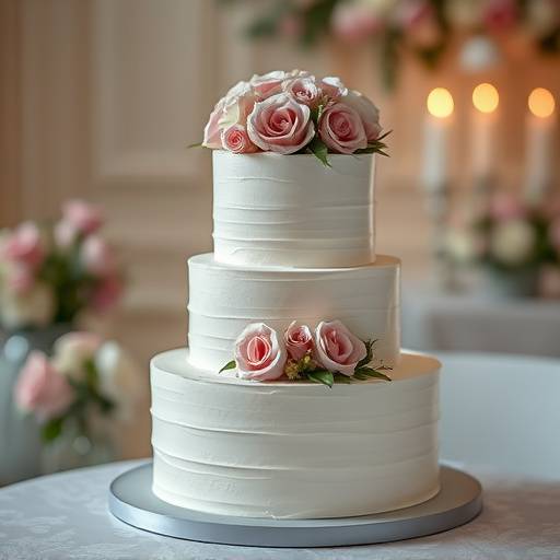 Fotografia do bolo de casamento decorado com flores e detalhes delicados, simbolizando a união e a celebraäão do casal