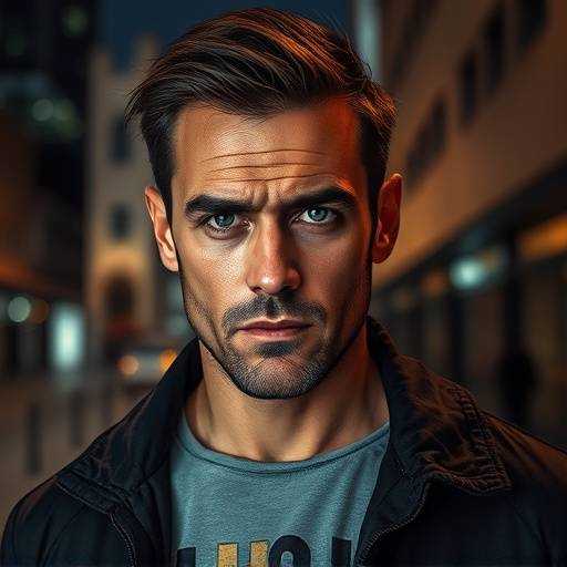 Retrato de um homem com um olhar determinado, em um ambiente urbano e moderno, transmitindo sua foräa e confianäa